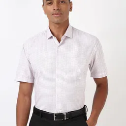 Peter England Men Spread Collar Grid Tattersall Checked Polycotton Formal Shirt-picture-35