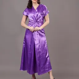 MODA-Q Women Puff Sleeve Satin A-Line Midi Dress-picture-43