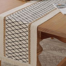Alexvyan Black & Off White Textured Table Runner With Tassels-picture-5