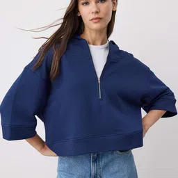 Trendyol Women Solid Hooded Cotton Half Zipper Sweatshirt-image-8