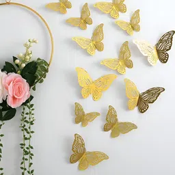 INDIAN ROYALS 12-Pcs Yellow Butterfly Printed Self-AdhesiveWallStickers-image-1