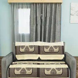 Aura Cream-Coloured & Brown Cotton 4 Piece Sofa Cover-picture-36