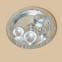HOME DECOR BY ADITI 6 Pieces Silver Plated Pooja Thali Set-image-54
