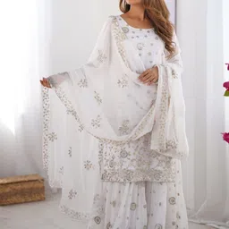 SWORNY FASHION Women Ethnic Motifs Embroidered Regular Sequinned Kurta with Sharara & With Dupatta image 2