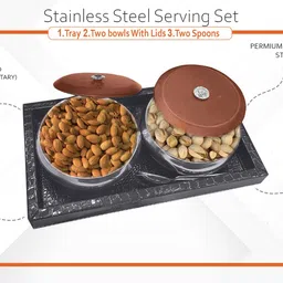 blue birds Double Walled Steel Bowl Set of 2 with lid + 2 spoon with 1 Serving Wooden Tray Bowl, Spoon, Tray Serving Set image 3