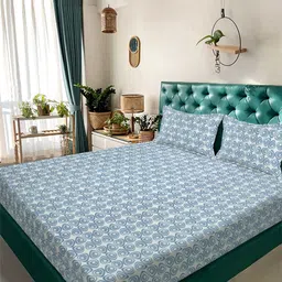 Myntra Elegant Homes Blue & Grey Printed 300 TC Fitted King Bedsheet Set 2.5 x 2.25 m-picture-23
