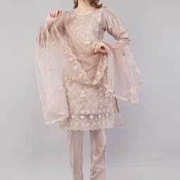 JIDI FASHION Floral Embroidered Thread Work Organza Straight Kurta & Trouser With Dupatta-image-63