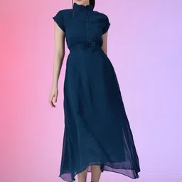 Krunal Raiyani Georgette Mandarin Collar Cap Sleeves Bow Fit & Flare Midi Dress-picture-13