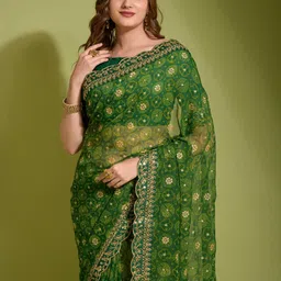 CaniBani Green Pure Chiffon Sarees image 2