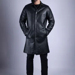 HUE & HIDE Men Leather Longline Open Front Jacket-picture-18