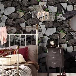 INDIAN ROYALS Black & Grey Printed Stones With Leaves Design Waterproof Wallpaper-image-36