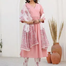 KALINI Women Ethnic Motifs Angrakha Thread Work Pure Cotton Kurta with Trousers & With Dupatta image 2