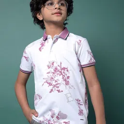 Crimsoune Club Boys Floral Printed Polo Collar Raw Edge Slim Fit T-shirt-picture-31