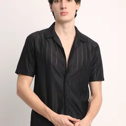 Voroxy Men Smart Cuban Collar Vertical Striped Polycotton Casual Shirt-picture-12