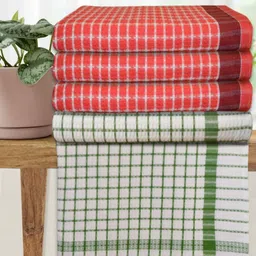 Athom Living Red & White 5 Pieces Checked Cotton 210 GSM Bath Towels-image-93