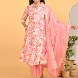 GOLDSTROMS Women Floral Printed Shirt Collar Maternity Kurta with Trousers & Dupatta image 1