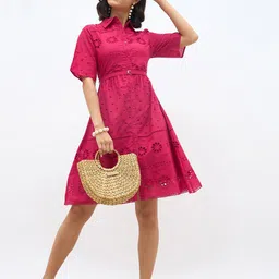Styli Women Belted Regular Sleeves Knee Length Schiffli Shirt Dress-picture-16