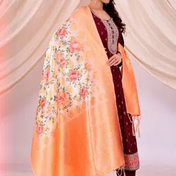 Moda Rapido Women Orange Floral Printed Woven Design Silk Dupatta With Zari image 2