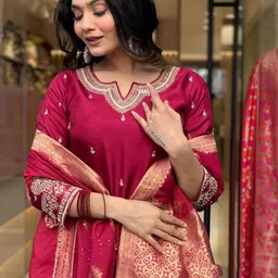 KALINI Women Ethnic Motifs Embroidered Pure Silk Kurta with Trousers & With Dupatta image 3