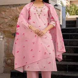 HERE&NOW Women Floral Printed Regular Thread Work Kurta with Trousers & With Dupatta-picture-18