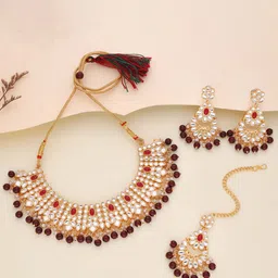 DIVASTRI Gold-Plated Kundan-Studded & Beaded Jewellery Set image 2