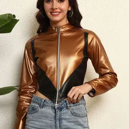 BAESD Women Colourblocked Leather Crop Biker Jacket-picture-31