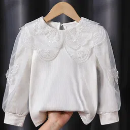 YK Girls Ribbed Peter Pan Collar Embroidered Cotton Top-picture-34
