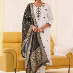 Sangria Ethnic Motifs Embroidered Thread Work Straight Kurta With Trousers & Dupatta-image-58