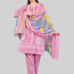 EELIKA Women Striped Cotton Kurta with Trousers & Dupatta image 3