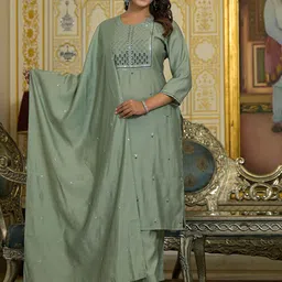 Juniper Floral Embroidered Round Neck Zari Straight With Trousers & Dupatta image 1