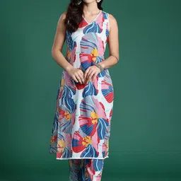 Indo Era Floral Printed V-Neck Straight Pure Cotton Kurta With Trousers-image-48