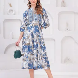 HIGHLIGHT FASHION EXPORT Women Puff Sleeves Fit & Flare Midi Dress image 3