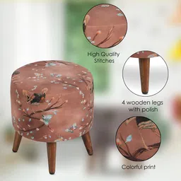 GLOBALLY INDIAN Set of 2 Brown & Blue Printed Wooden & Velvet Round Puff Ottomans image 4