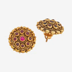 Kushal's Fashion Jewellery Gold-Plated Ruby Stone Studded Circular Silver Temple Studs image 3