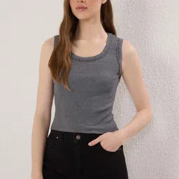 Trendyol Women Self Design Round Neck Fitted Top-image-63