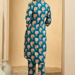 Indo Era Women Floral Printed Regular Thread Work Pure Cotton Kurta with Trousers image 3