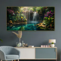 nestroots Gold Canvas Framed Woodland Waterfall Serenity Wall Painting(18X36 Inch)-picture-13