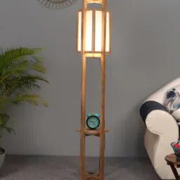 sapphire Charlotte White Cloth Shade Shelf Floor Lamp With Mango wood Base-picture-35