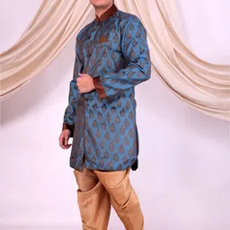 Pooja Ethnic Pooja Ethnic Men's Blue Silk Indo Western with Dhoti PE9099 Embellished Sherwani image 3