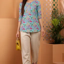 neemzari Women Straight Fit Cream Pure Cotton Trousers-picture-14