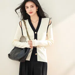 JC Collection Women Colourblocked V-Neck Long Sleeves Cardigan-image-74