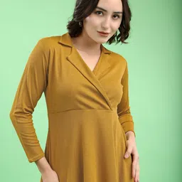 MILOST Women Mustard Solid Polyester V-Neck Long Sleeves Dress image 3