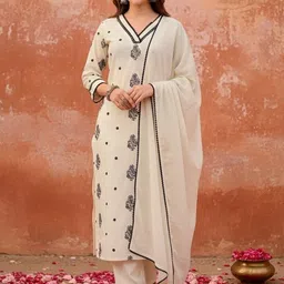 SZN Women Ethnic Motifs Printed Thread Work Pure Cotton Kurta With Trousers & Dupatta image 5