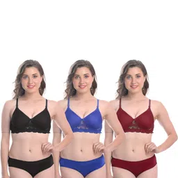 samvar Women Black,Blue,Maroon Cotton Bra Panty Set for Lingerie Set Undergarments Pack of 3-picture-20