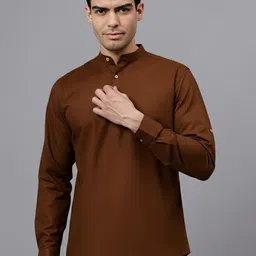 The Anchi Store Mandarin Collar Roll-Up Sleeves Cotton Kurta-image-12