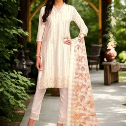 Anouk Women Ethnic Motifs Embroidered Regular Sequinned Chanderi Cotton Kurta with Trousers & With Dupatta-image-2
