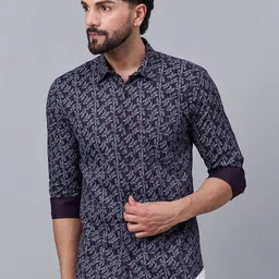 Putra Standard Fit Spread Collar Leaf Printed Cotton Opaque Shirt-image-86