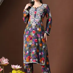 Syrish Floral Printed Round Neck Straight Chikankari Kurta With Trousers-picture-34