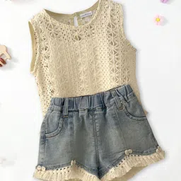 FOREVER FRIDAY Girls Self Design Sleeveless Cotton Top With Shorts-picture-11