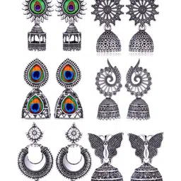 Sangria Set Of 6 Silver-Plated Stones-Studded & Beaded Oxidized Jhumka Earrings-image-42